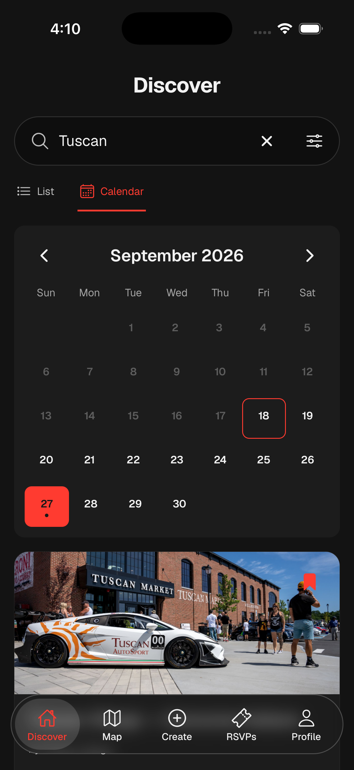 Calendar with an example event selected