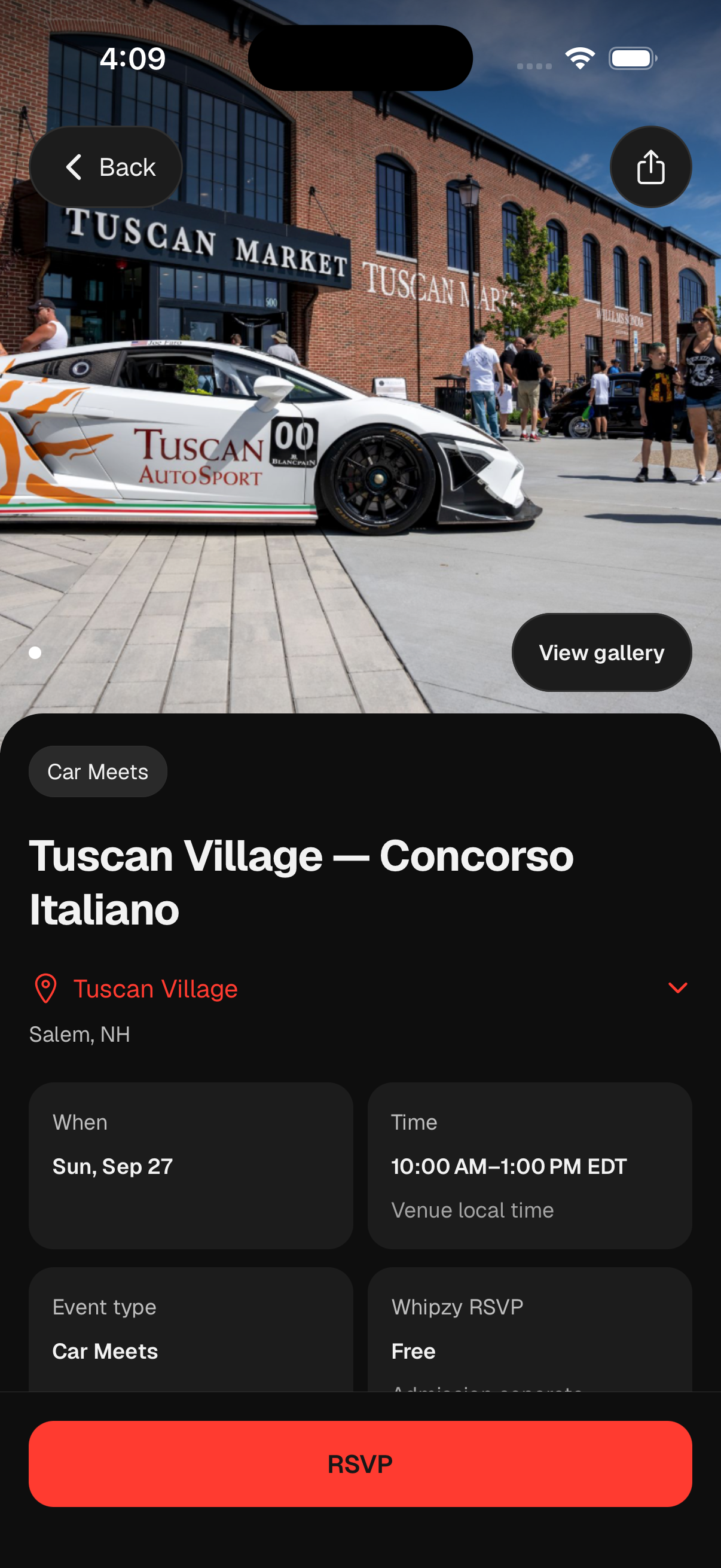 Example event details in Whipzy