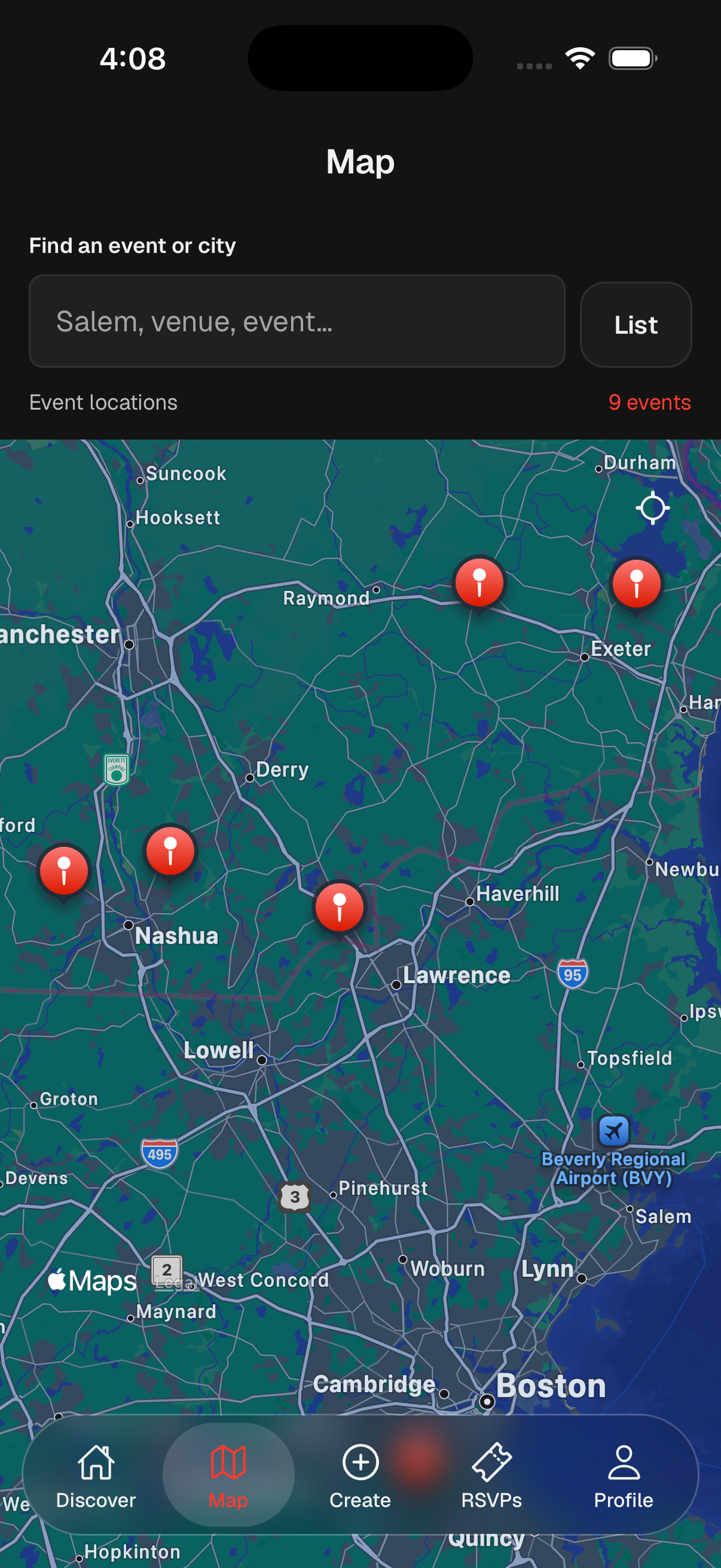 Whipzy map showing red event markers across southern New Hampshire